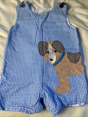 Blue Gingham Baby One-Piece Romper with Puppy Applique
